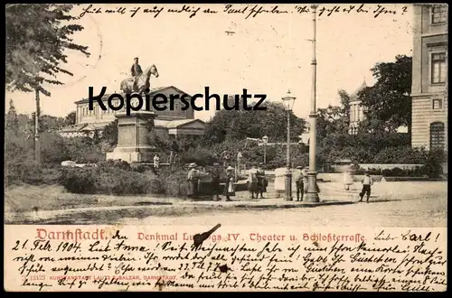 ALTE POSTKARTE DARMSTADT 1904 DENKMAL LUDWIG IV. THEATER UND SCHLOSSTERRASSE AK Ansichtskarte cpa postcard