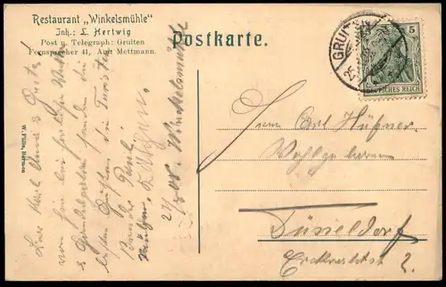 ALTE POSTKARTE GRUSS VON DER WINKELSMÜHLE 1909 GRUITEN Mettmann Erkrath Mühle Boot AK Ansichtskarte cpa postcard