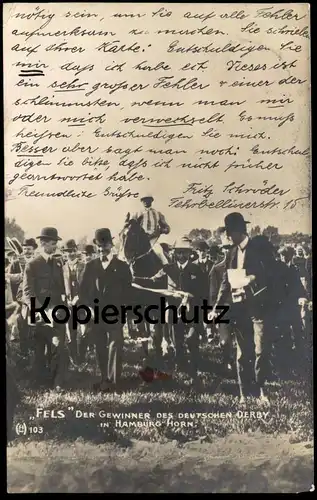 ALTE POSTKARTE HAMBURG HORN PFERD FELS GEWINNER DEUTSCHES DERBY PFERDERENNEN horse race course de chevaux Ansichtskarte