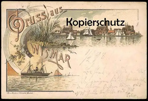 ALTE LITHO POSTKARTE GRUSS AUS WISMAR 1898 Hafen harbour Fischerboot fishing boat bateau de peche Ansichtskarte postcard