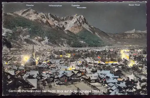 ÄLTERE POSTKARTE GARMISCH PARTENKIRCHEN BEI NACHT BLICK AUF ZUGSPITZGRUPPE at night la nuit Ansichtskarte cpa postcard