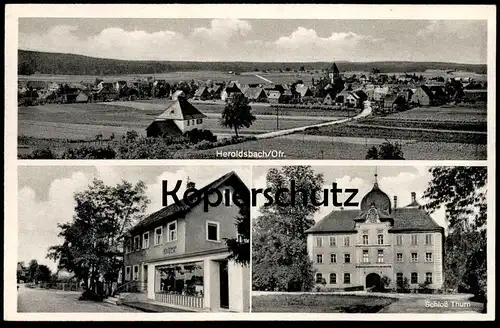ALTE POSTKARTE HEROLDSBACH BAYERN BÄCKEREI UND LEBENSMITTEL GEORG ORT SCHLOSS THURN Oberfranken Ansichtskarte postcard