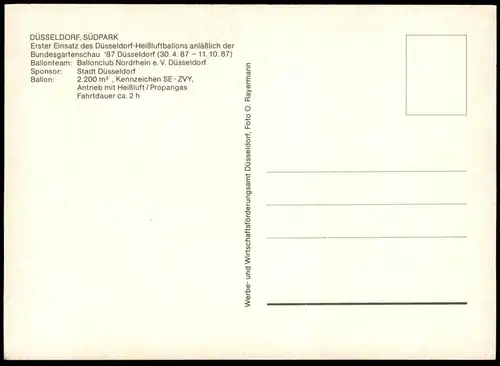ÄLTERE POSTKARTE DÜSSELDORF SÜDPARK MIT HEISSLUFTBALLON BUGA 1987 BALLON SE-ZVY hot-air balloon Ansichtskarte postcard