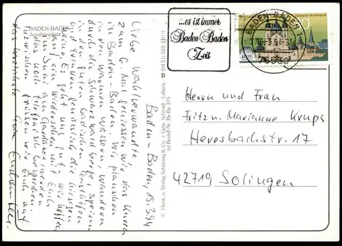 ÄLTERE POSTKARTE BADEN-BADEN JESUITENPLATZ Koßmann Auberge Platz Werbestempel ...es ist immer Baden-Baden Zeit