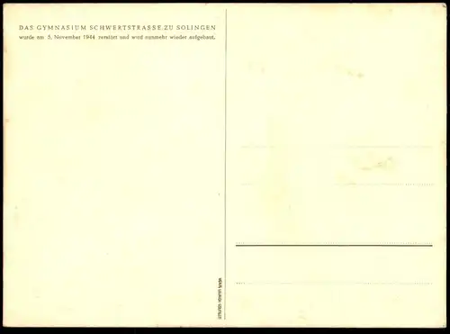 ALTE POSTKARTE SOLINGEN WIEDERAUFBAU GYMNASIUM SCHWERTSTRASSE ZERSTÖRT 1944 Linolschnitt Linol AK Ansichtskarte postcard