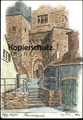 ÄLTERE POSTKARTE ALZEY BURGTOR HANDKOLORIERT FEDERZEICHNUNG ORIGINAL FEDER SIGN. FRITZ HESS Ansichtskarte postcard cpa