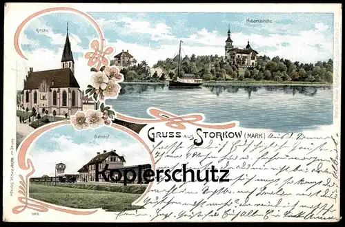 ALTE LITHO POSTKARTE GRUSS AUS STORKOW MARK BAHNHOF KIRCHE HUBERTUSHÖHE gare station Ansichtskarte postcard AK cpa