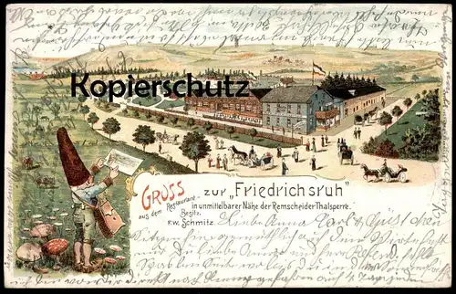 ALTE LITHO POSTKARTE GRUSS AUS DEM RESTAURANT FRIEDRICHSRUH NÄHE REMSCHEIDER THALSPERRE Talsperre Remscheid Zwerg dwarf