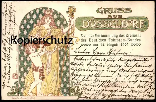 ALTE POSTKARTE JUGENDSTIL KÜNSTLER POSTKARTE DÜSSELDORF 1904 VERSAMMLUNG DEUTSCHER FAKTOREN BUND Ansichtskarte postcard
