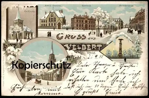 ALTE WINTER LITHO POSTKARTE GRUSS AUS VELBERT 1899 KIRCHSTRASSE POSTSTRASSE SCHLITTEN AMTSGERICHT KIRCHE Ansichtskarte