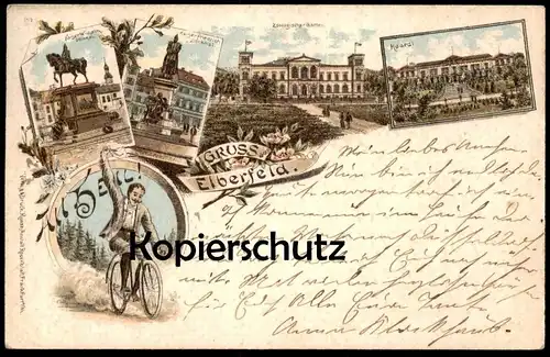 ALTE LITHO POSTKARTE GRUSS AUS ELBERFELD ALL HEIL RADFAHRER FAHRRAD ZOO HAARDT DENKMAL Ansichtskarte cpa postcard AK
