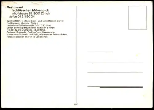 ÄLTERE POSTKARTE ZÜRICH RESTAURANT FELDSCHLÖSSCHEN MÖVENPICK ZURCHER HAXENSTUBE postcard cpa Ansichtskarte AK