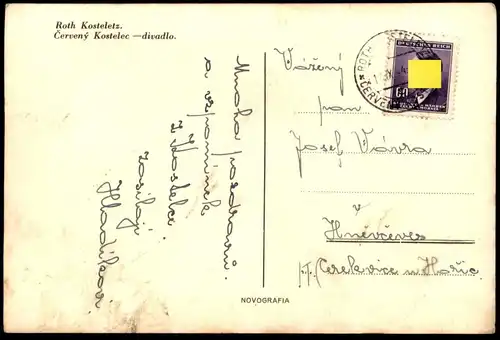 ALTE POSTKARTE ROTH KOSTELETZ 1944 CERVENY KOSTELEC DIVADLO Tschechische Republik Ceska Cesko Ansichtskarte postcard cpa