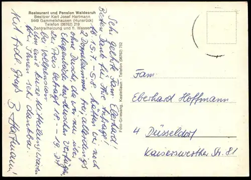 ÄLTERE POSTKARTE GAMMELSHAUSEN HUNSRÜCK PENSION WALDESRUH JOSEF HARTMANN Hollnich Kastellaun Sinalco Ansichtskarte cpa