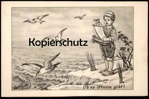 ALTE KÜNSTLER POSTKARTE KIND MEER MÖWEN OB ES STURM GIBT? MARIE GALLE child enfant storm Ansichtskarte postcard cpa AK