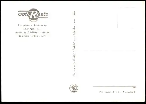 ÄLTERE POSTKARTE AUTOBAHN-RASTSTÄTTE MOTORESTO BUNNIK ROADHOUSE Autobahn motorway highway autoroute Ansichtskarte KLM