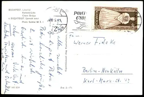 ÄLTERE POSTKARTE BUDAPEST LANCHID KETTENBRÜCKE BEI NACHT Brücke Chain Bridge Auto old car cars Autos oldtimer postcard