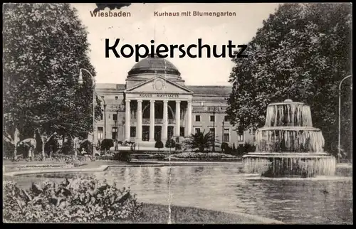 ALTE POSTKARTE WIESBADEN KURHAUS MIT BLUMENGARTEN 1914 BRUNNEN fontaine fountain AK cpa postcard Ansichtskarte