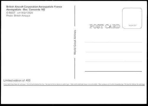 LIMITED EDITION POSTKARTE CONCORDE 102 BAC G-BSST BRITISH AIRCRAFT British Airways Flugzeug Airline Airplane Avion