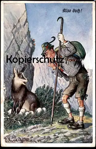ALTE POSTKARTE GAMS GEMSE WOLPERTINGER EIER HUMOR 1939 BAYERN Jäger Förster Ei egg eggs Schruns Ansichtskarte postcard