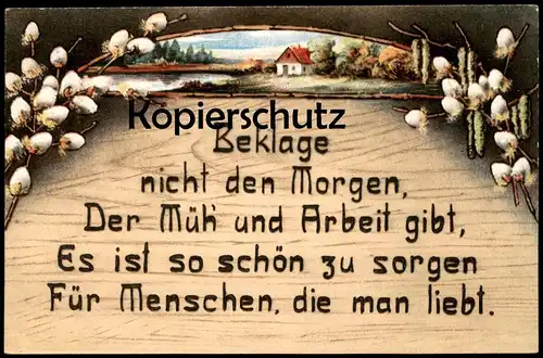 ALTE KÜNSTLER POSTKARTE SPRUCH BESCHEIDENHEIT ENTBEHRUNG MÜHE ARBEIT FAMILIE HOLZBRANDMALEREI postcard cpa Ansichtskarte