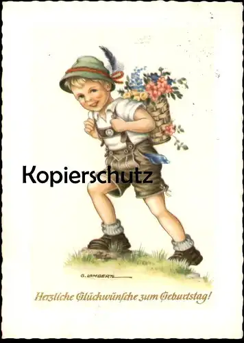 ALTE KÜNSTLER POSTKARTE GLÜCKWÜNSCHE ZUM GEBURTSTAG WANDERER JUNGE SIGN. G. LAMBERTZ Kind boy cpa postcard Ansichtskarte