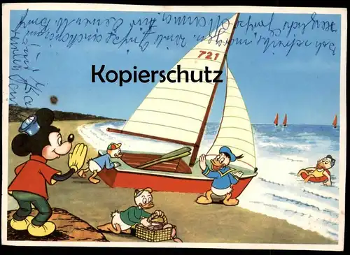 ÄLTERE POSTKARTE MICKEY MOUSE DONALD DUCK TRICK TICK TRACK AM STRAND SEGELBOOT WALT DISNEY cpa postcard Ansichtskarte