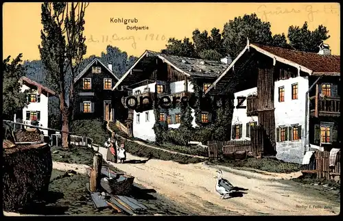 ALTE KÜNSTLER POSTKARTE KOHLGRUB DORFPARTIE EUGEN FELLE ISNY Aurora Gans Gänse postcard Ansichtskarte AK cpa