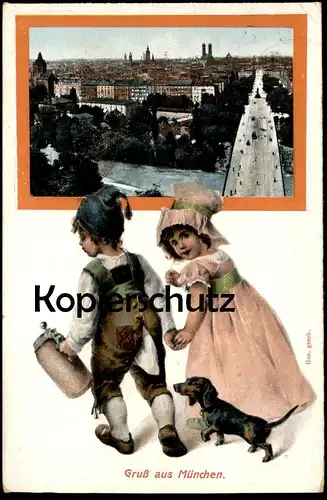 ALTE PRÄGE POSTKARTE GRUSS AUS MÜNCHEN MÜNCHNER KINDL DACKEL Hund Dachshund Teckel dog chien Ansichtskarte postcard cpa