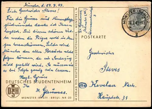ÄLTERE POSTKARTE MÜNSTER WESTFALEN STUDENTENHEIM BREUL NR. 23 HAUSKAPELLE 1947 Ansichtskarte AK cpa postcard