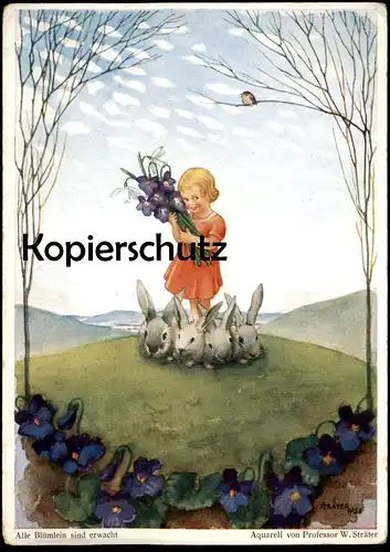 ALTE POSTKARTE ALLE BLÜMLEIN ERWACHT KIND HASEN AQUARELL VON PROFESSOR STRÄTER Hase child Ansichtskarte cpa AK postcard