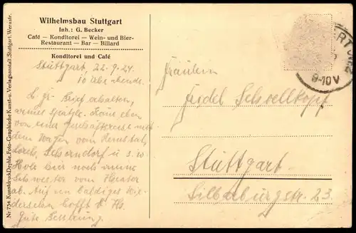 ALTE POSTKARTE STUTTGART WILHELMSBAU KONDITOREI UND CAFÉ G. BECKER BAR BILLARD Ansichtskarte AK postcard cpa