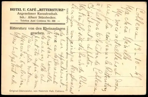ALTE POSTKARTE COBLENZ HOTEL U. CAFÉ RITTERSTURZ VON DEN RHEINANLAGEN GESEHEN Steindruck Steinzeichnung Koblenz AK