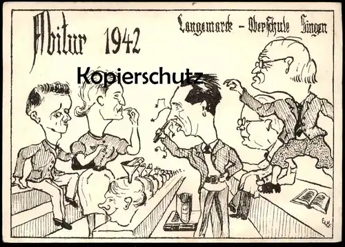 ALTE POSTKARTE ABITUR 1942 SINGEN HOHENTWIEL LANGEMARCK OBERSCHULE Karikatur Wissens-Trichter cpa postcard Ansichtskarte