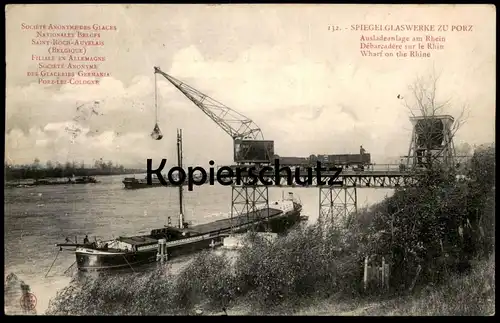 ALTE POSTKARTE KÖLN PORZ AM RHEIN SPIEGELGLASWERKE ZUG WAGGON KRAN crane grue train cargo ship Ansichtskarte postcard AK