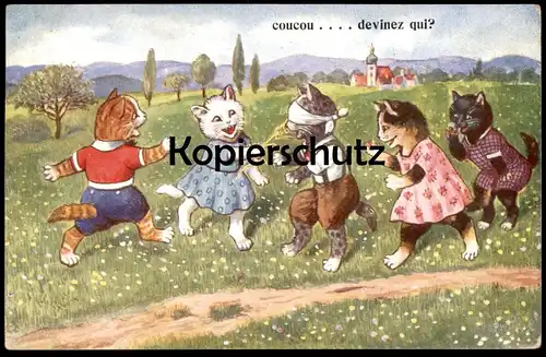 ALTE POSTKARTE KATZEN VERMENSCHLICHT COUCOU DEVINEZ QUI Blinde Kuh Spiel cat cats chat chats Katze postcard cpa Kätzchen