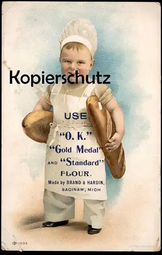 ALTE KARTE SAGINAW MICHIGAN USE O.K. GOLD MEDAL AND STANDARD FLOUR BRAND & HARDIN boy bread postcard Ansichtskarte