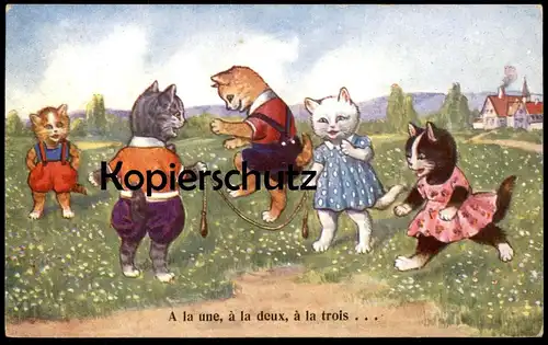 ALTE POSTKARTE KATZEN A LA UNE A LA DEUX A LA TROIS Seilchenspringen Spiel cat cats chat chats Katze postcard Kätzchen