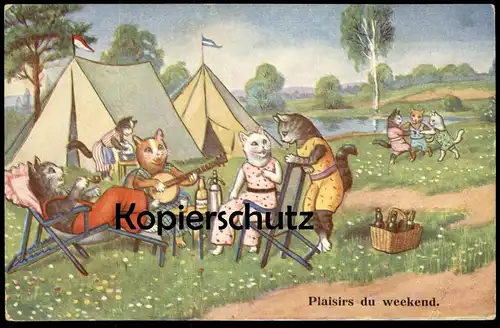 ALTE POSTKARTE KATZEN VERMENSCHLICHT PLAISIERS DU WEEKEND Zelt Zelten camping tent cat cats chat chats Katze postcard