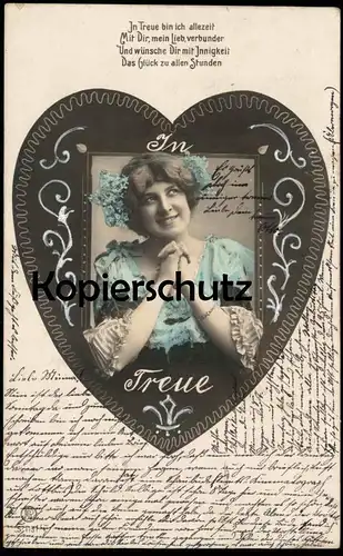 ALTE POSTKARTE FRAU IN TREUE BIN ICH ALLEZEIT INNIGKEIT TREU HERZ LIEBE love faithful dévoué devot Text Kinematograph