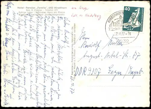 ÄLTERE POSTKARTE HIRSCHHORN AM NECKAR HOTEL PENSION FORELLE BES. H. ZIEGLER AK Ansichtskarte cpa postcard
