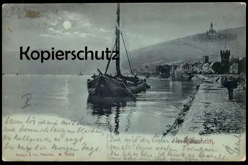 ALTE MONDSCHEIN POSTKARTE RÜDESHEIM Mond moon clair de lune moonlight cpa postcard AK Ansichtskarte