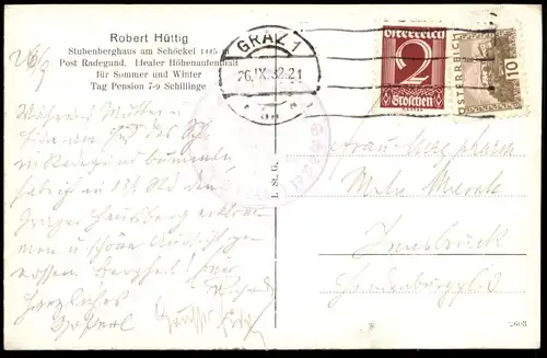 ALTE POSTKARTE ROBERT HÜTTIG STUBENBERGHAUS AM SCHÖCKEL POST RADEGUND GRAZ Austria Österreich Autriche cpa postcard AK