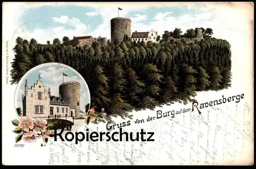 ALTE LITHO POSTKARTE BORGHOLZHAUSEN GRUSS VON DER BURG AUF DEM RAVENSBERGE RAVENSBERG Ravensburg Ansichtskarte AK cpa