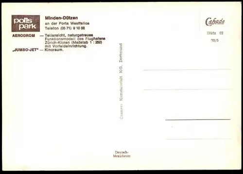 ÄLTERE POSTKARTE MINDEN DÜTZEN POTTS PARK AERODROM TEILANSICHT JUMBO-JET KINORAUM Kino cinema Ansichtskarte cpa postcard