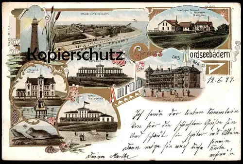 ALTE LITHO POSTKARTE INSEL AMRUM STRAND MIT EISENBAHN GRUSS AUS DEN NORDSEEBÄDERN GOLDFARBENE UMRANDUNG Ansichtskarte AK