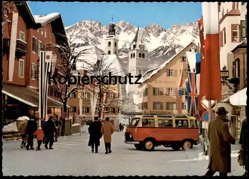 ÄLTERE POSTKARTE KITZBÜHEL STRASSENPARTIE WINTER ROTER TAXI BUS PKW Cab flag GB England cpa postcard AK Ansichtskarte