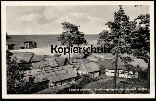 ÄLTERE POSTKARTE ZEMPIN USEDOM IDYLLISCH GELEGENE FISCHEREIGERÄTEHÜTTEN FISCHERHÜTTEN Fischerei Hütten Ansichtskarte AK