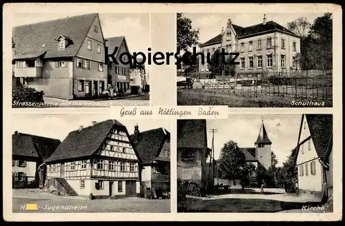 ALTE POSTKARTE GRUSS AUS NÖTTINGEN BADEN STRASSENPARTIE WARENHAUS ARMBRUSTER H.-JUGENDHEIM SCHULE Remchingen AK postcard