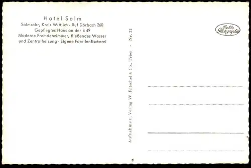 ÄLTERE POSTKARTE HOTEL SALM SALMROHR KREIS WITTLICH RUF DÖRBACH EIGENE FORELLENFISCHEREI SALMTAL Architektur AK postcard